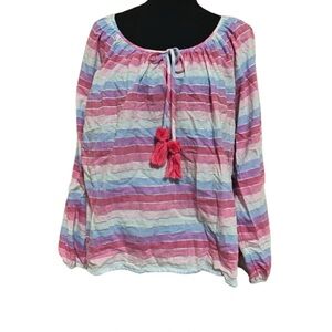 J. Crew Pink Blue Long Sleeve Tie Front Blouse Preppy Size L Pastel